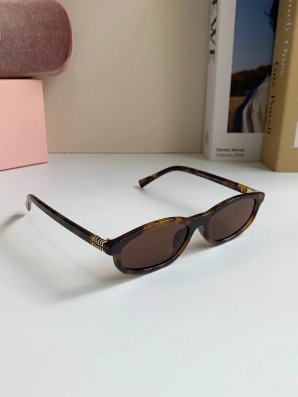MIU MIU Tortoise Shell Oval Sunglasses Brown Lens Gold Logo - Picture 4 of 8